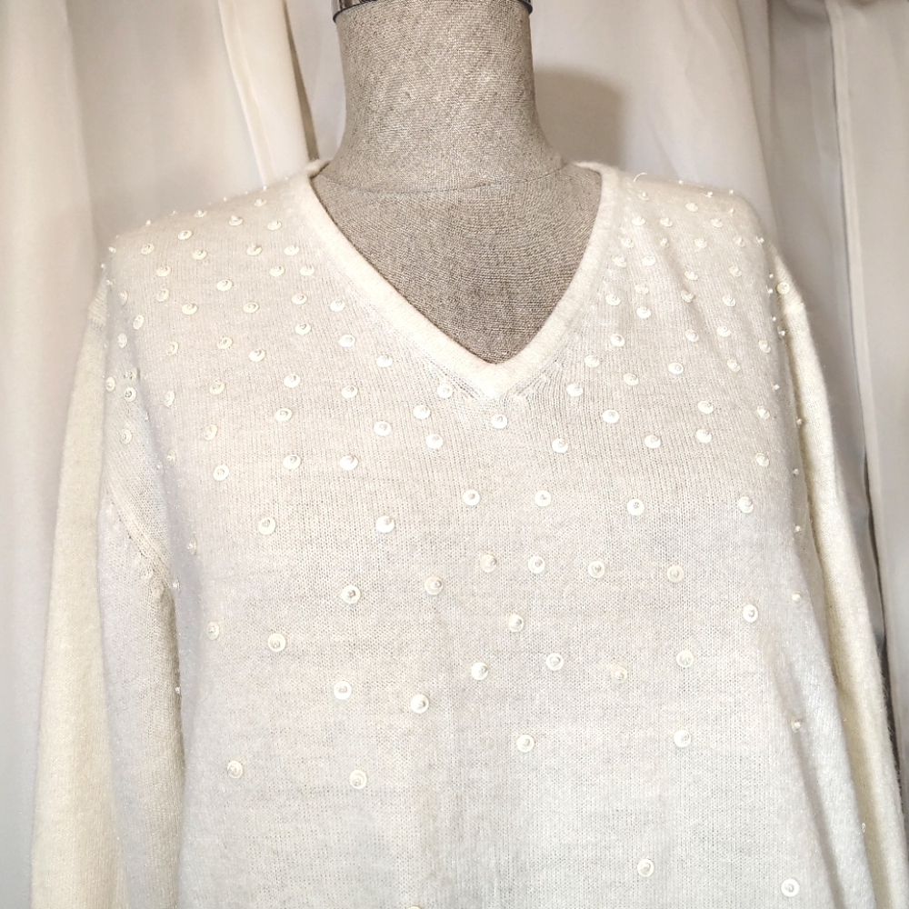 Norton McNaughton V- Neck Sweater, Ivory Bead + Ivory Sequin, Soft, Women, L - Picture 2 of 9